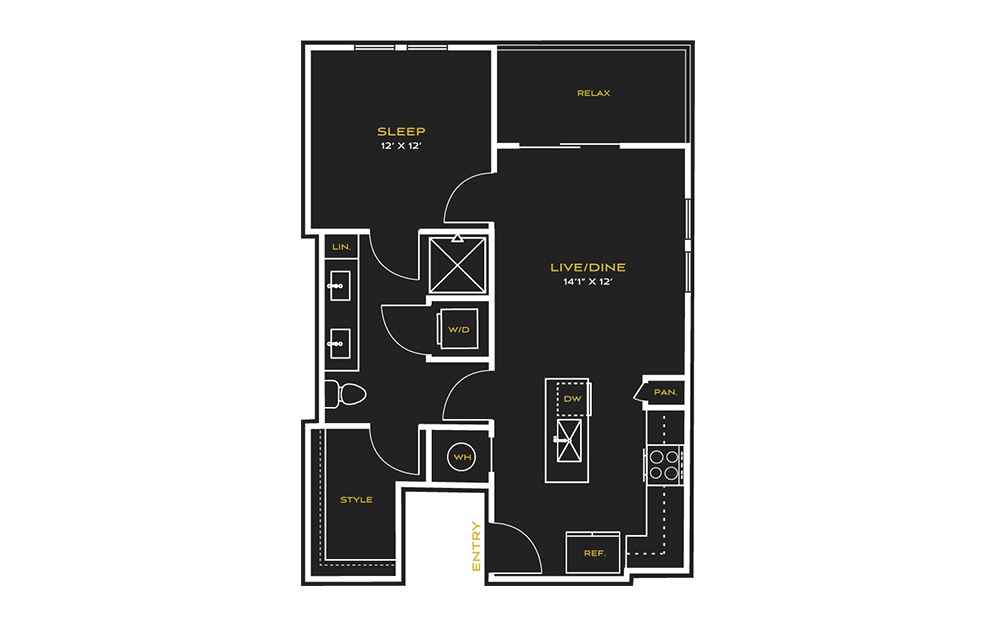 1B-C - 1 bedroom floorplan layout with 1 bath and 751 square feet.
