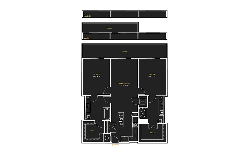 2B-A2 - 2 bedroom floorplan layout with 2 baths and 1329 square feet.