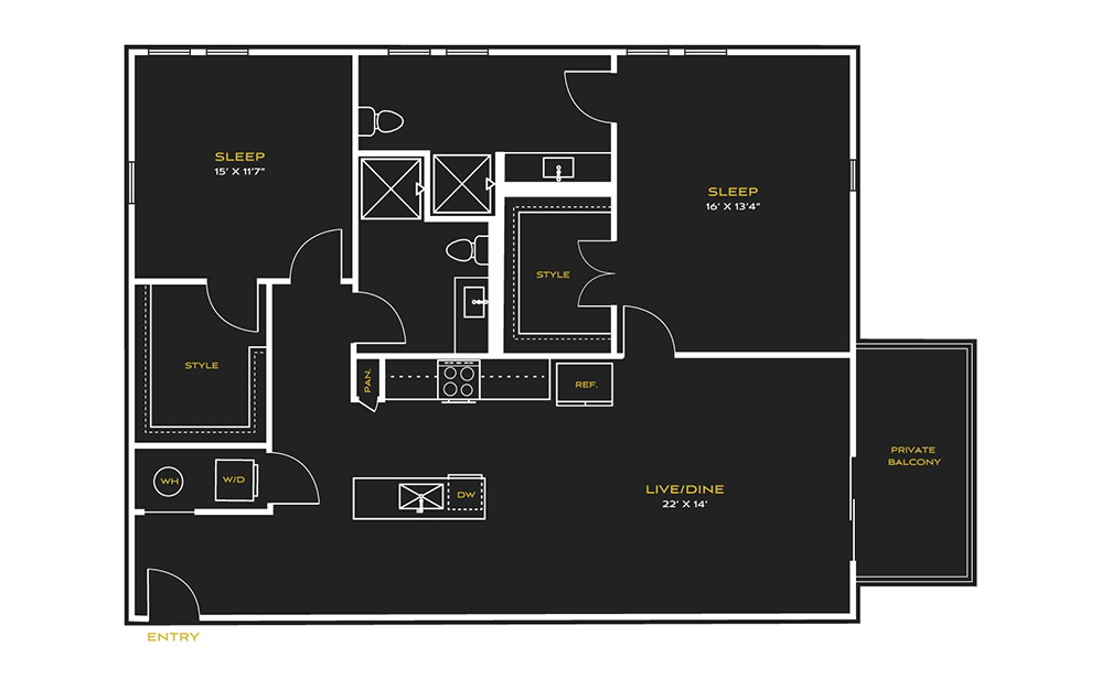 2B-D - 2 bedroom floorplan layout with 2 baths and 1186 square feet.