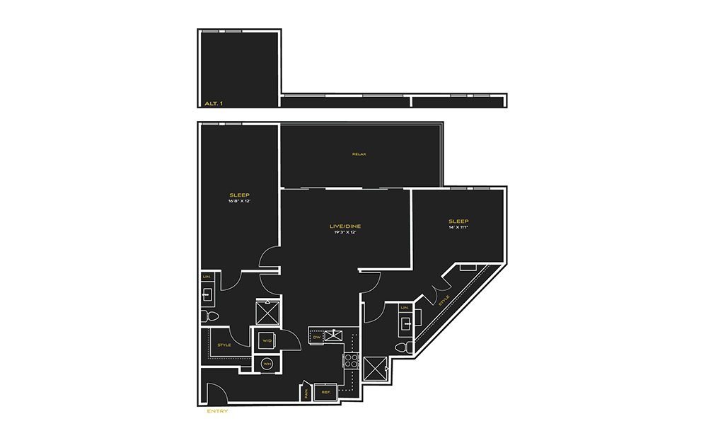 2B-E - 2 bedroom floorplan layout with 2 baths and 1297 square feet.