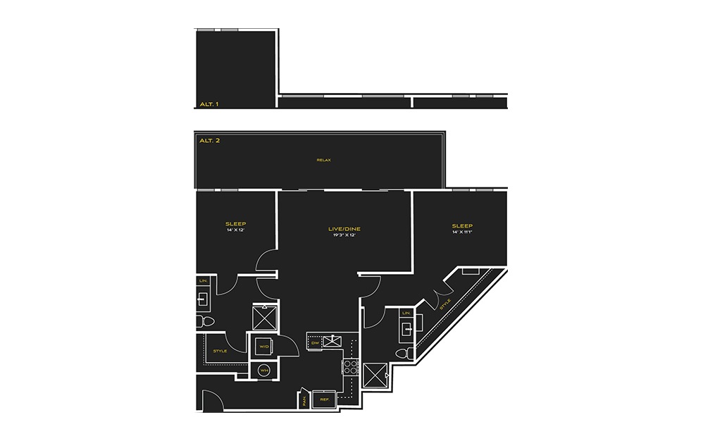 2B-E2 - 2 bedroom floorplan layout with 2 baths and 1421 square feet.