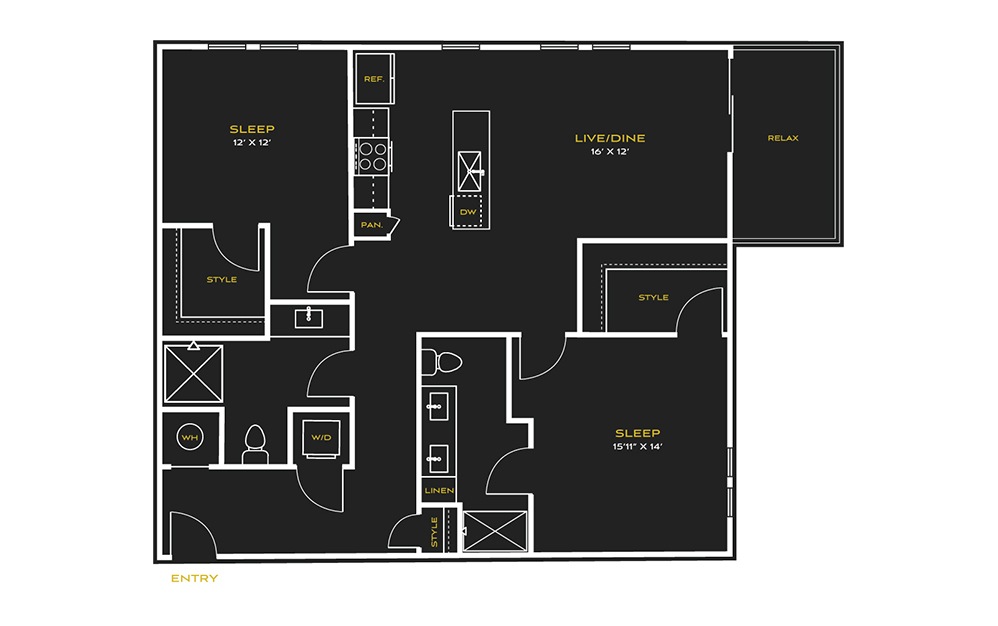 2B-G - 2 bedroom floorplan layout with 2 baths and 1198 square feet.