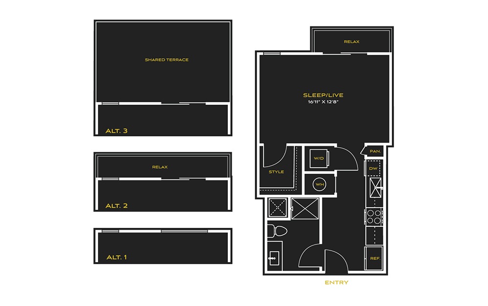 STUDIO A - Studio floorplan layout with 1 bath and 569 square feet.