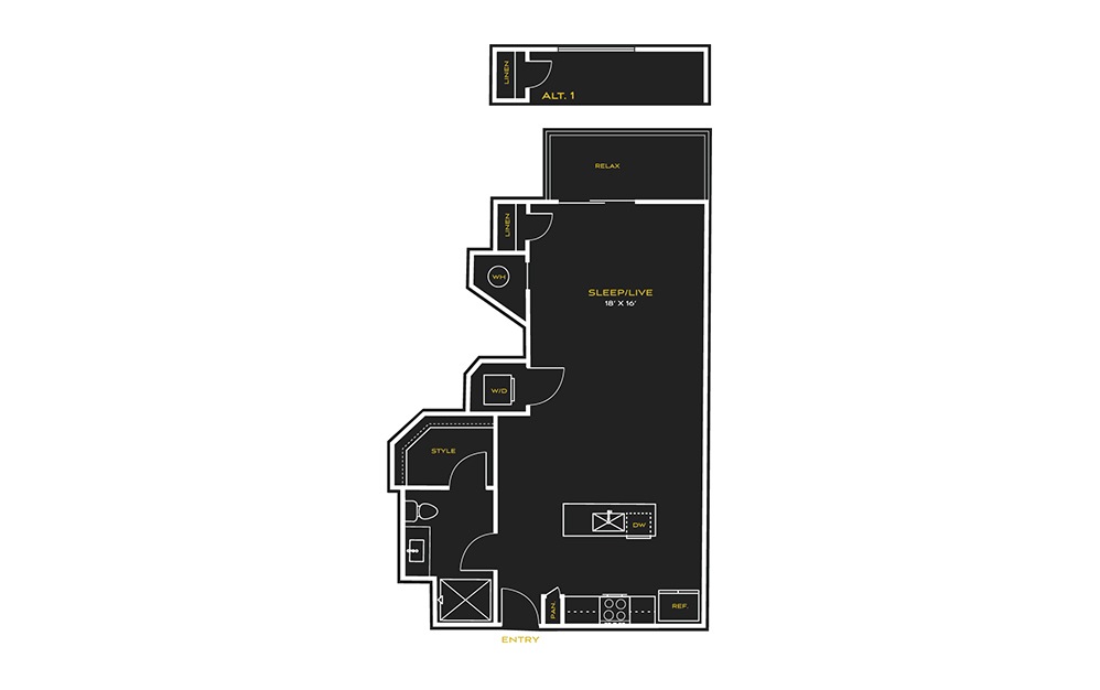 STUDIO E - Studio floorplan layout with 1 bath and 678 square feet.