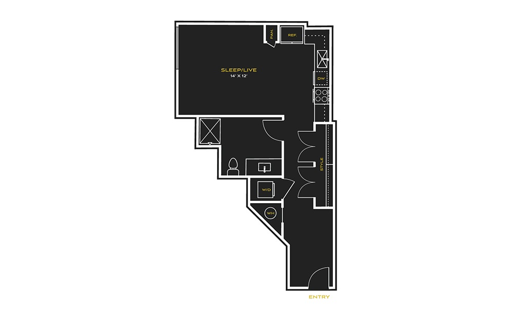 STUDIO F - Studio floorplan layout with 1 bath and 529 square feet.