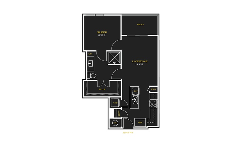 1B-B - 1 bedroom floor plan layout with 1 bathroom and 734 square feet