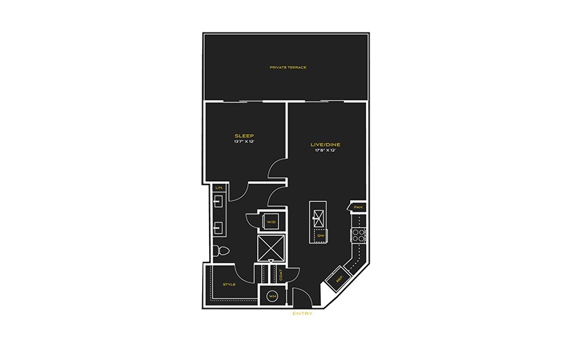 1B-D - 1 bedroom floor plan layout with 1 bathroom and 724 square feet