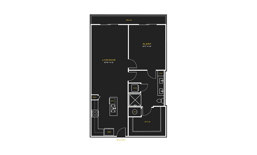 1B-E - 1 bedroom floor plan layout with 1 bathroom and 887 square feet