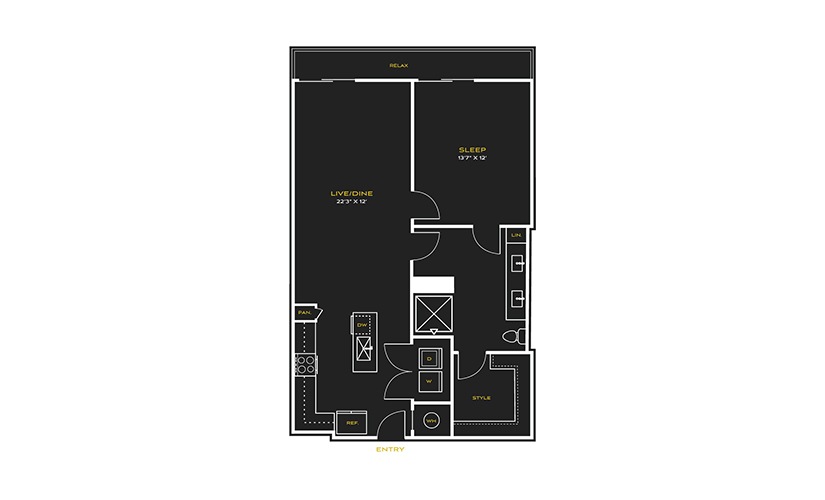 1B-E Type A - 1 bedroom floor plan layout with 1 bathroom and 886 square feet