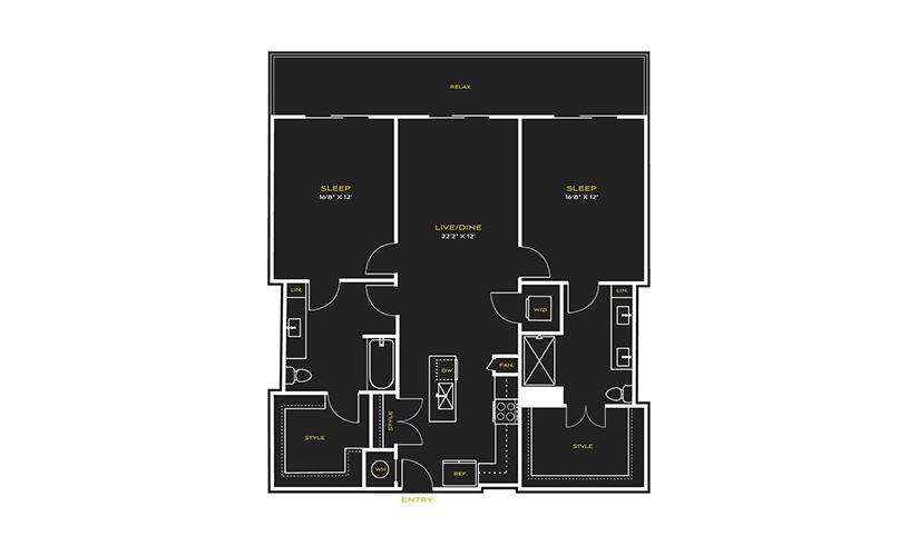 2B-A2 - 2 bedroom floor plan layout with 2 bathrooms and 1329 square feet
