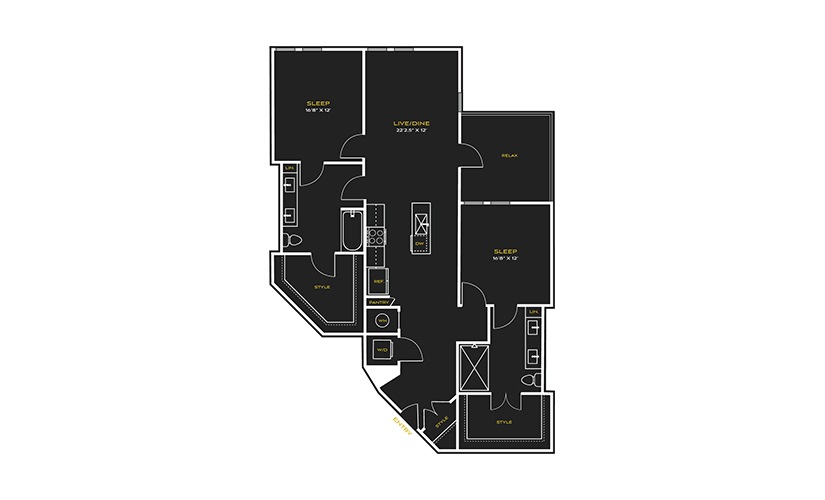 2B-B - 2 bedroom floor plan layout with 2 bathrooms and 1444 square feet