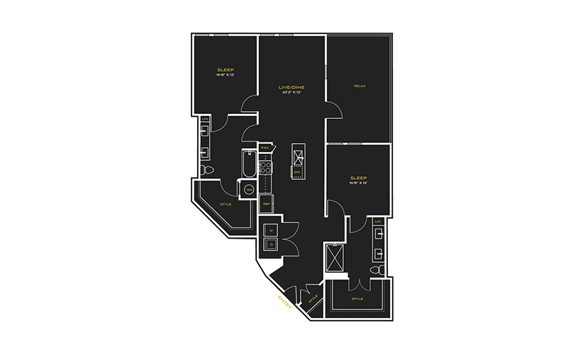 2B-B Type A - 2 bedroom floor plan layout with 2 bathrooms and 1444 square feet
