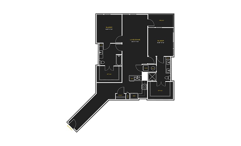 2B-C - 2 bedroom floor plan layout with 2 bathrooms and 1516 square feet