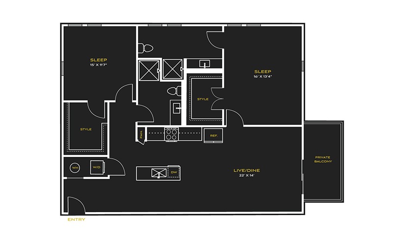 2B-D - 2 bedroom floor plan layout with 2 bathrooms and 1186 square feet