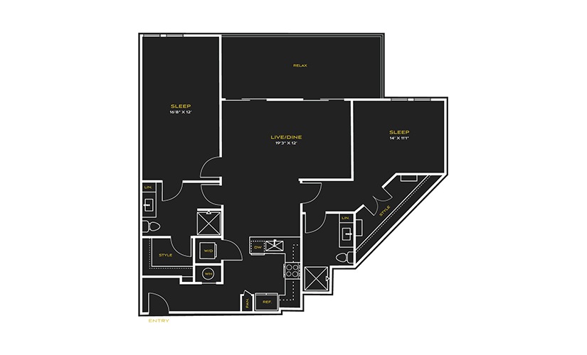 2B-E - 2 bedroom floor plan layout with 2 bathrooms and 1297 square feet