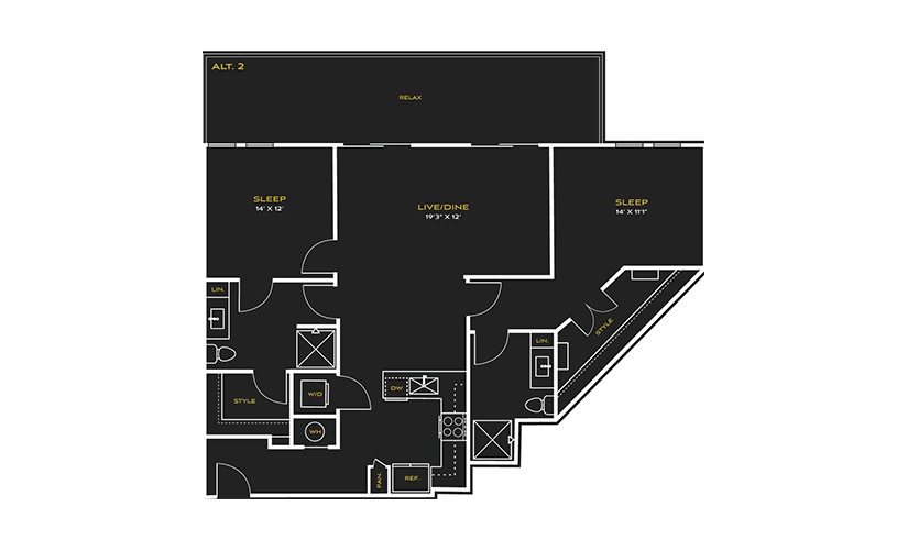 2B-E2 - 2 bedroom floor plan layout with 2 bathrooms and 1421 square feet