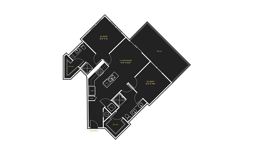 2B-F - 2 bedroom floor plan layout with 2 bathrooms and 1135 square feet