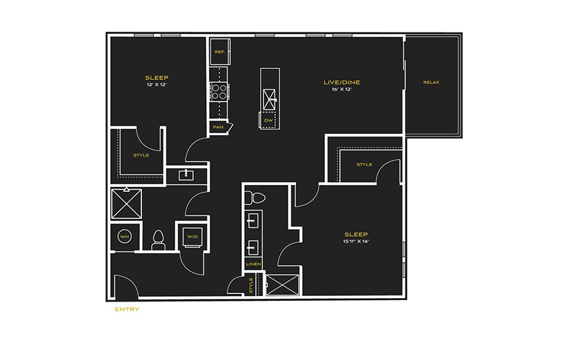 2B-G - 2 bedroom floor plan layout with 2 bathrooms and 1198 square feet