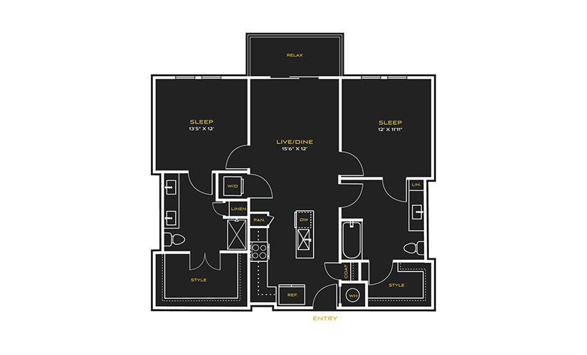 2B-H - 2 bedroom floor plan layout with 2 bathrooms and 1113 square feet