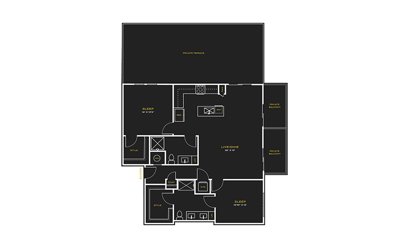2B-J - 2 bedroom floor plan layout with 2 bathrooms and 1399 square feet