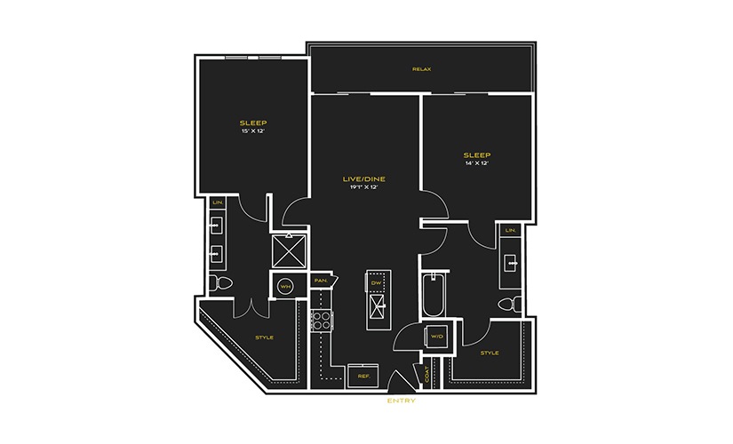 2B-K - 2 bedroom floor plan layout with 2 bathrooms and 1207 square feet