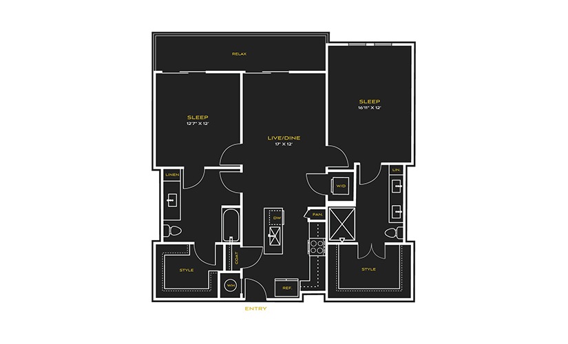 2B-L - 2 bedroom floor plan layout with 2 bathrooms and 1235 square feet