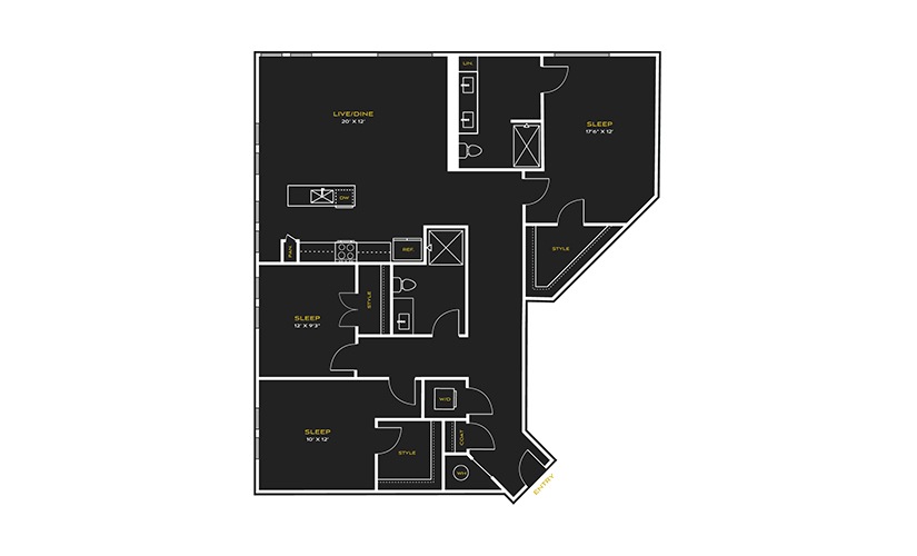 3B-A - 3 bedroom floor plan layout with 2 bathrooms and 1663 square feet