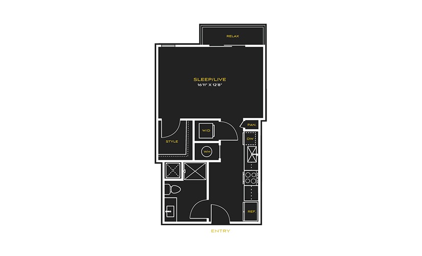 STUDIO A - Studio floor plan layout with 1 bathroom and 569 square feet