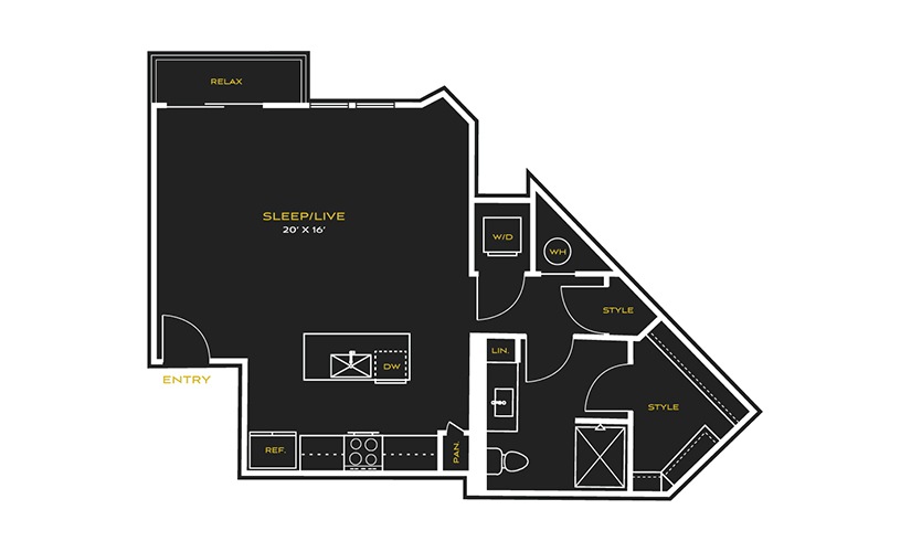 STUDIO D - Studio floor plan layout with 1 bathroom and 686 square feet